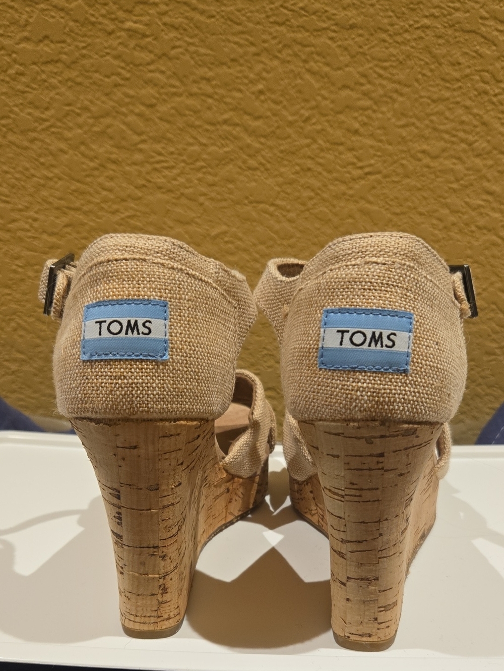 TOMS NWOT Beige Canvas Cork Wedge Sandals with Blue Logo Patch Size 7